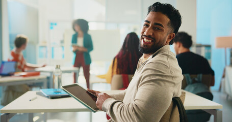 Tablet, education and portrait of happy man in classroom for study or development in college. Tech,...