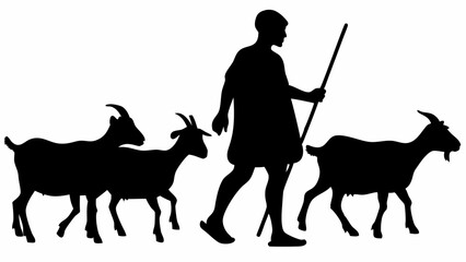 Silhouette of a shepherd walking with a stick and herding three goats in a black and white illustration editable eps vectors