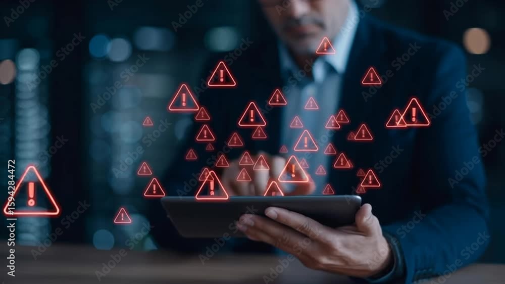 Poster ai technology and cybersecurity warnings displayed as red holograms above a tablet in businessman ha