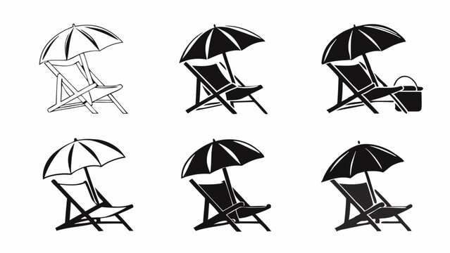 Illustrations of beach chairs under umbrellas with varying fill and bucket details in black and white editable eps vectors silhouette