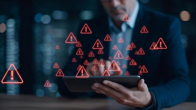 AI technology and cybersecurity warnings displayed as red holograms above a tablet in businessman hand future chatbot. Robot assistant danger alert privacy breach and hacker risk - Powered by Adobe