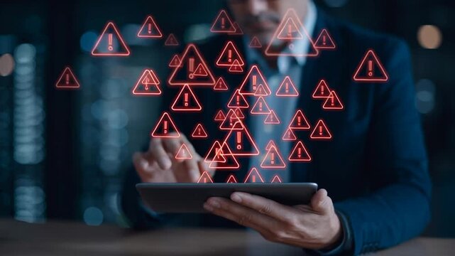 AI technology and cybersecurity warnings displayed as red holograms above a tablet in businessman hand future chatbot. Robot assistant danger alert privacy breach and hacker risk
