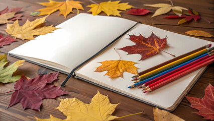 Open sketchbook with autumn leaves and colored pencils on a wooden table in a cozy setting
