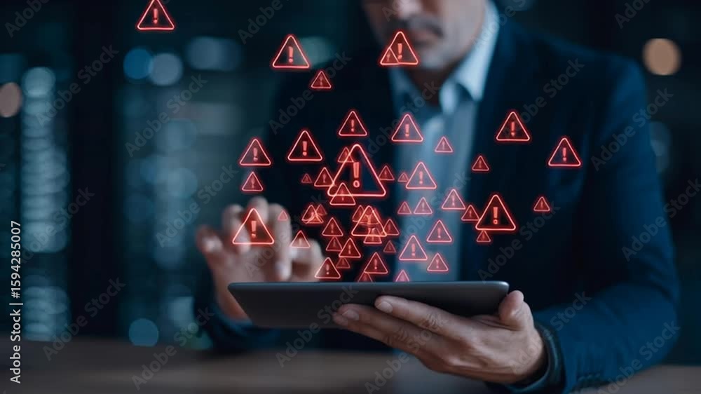 Poster ai technology and cybersecurity warnings displayed as red holograms above a tablet in businessman ha