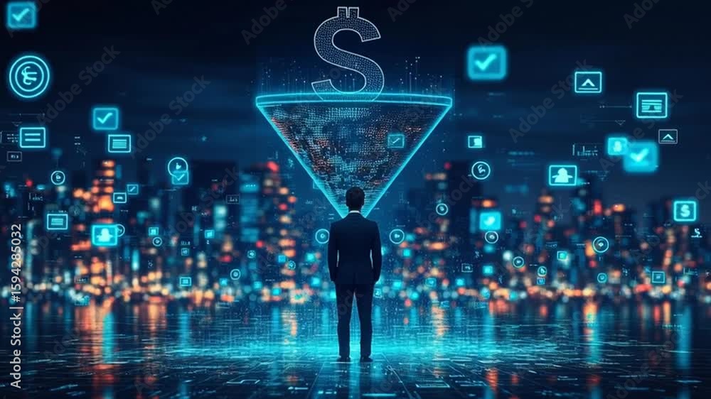 Aufkleber visual representation of data monetization using a funnel paired with an illustration of a businessm