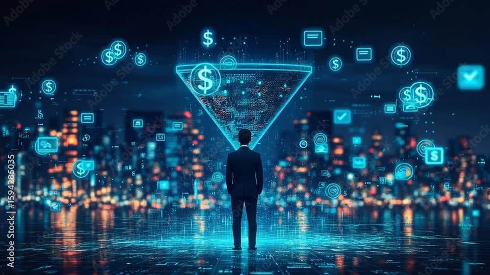 Aufkleber visual representation of data monetization using a funnel paired with an illustration of a businessm