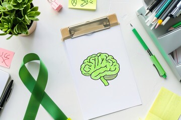 Bright and clean office desk setup with a green brain icon on a sticky note, symbolizing mental health awareness. A green ribbon and various office supplies reinforce the theme of Mental Illness Aware