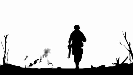 Silhouette of a soldier walking through a war zone with explosions and barren trees in the background