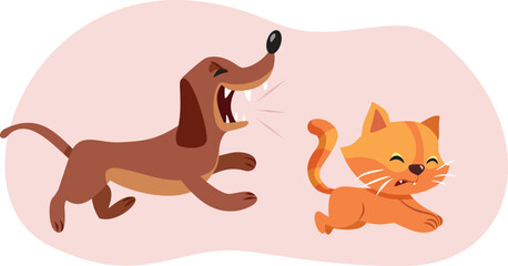 Dog Running and Barking after a Cat Vector Cartoon. Aggressive puppy being angry chasing his friend 
