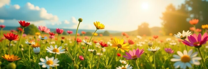 Sun-drenched field of wildflowers, swaying gently , idyllic, landscape, red