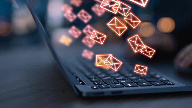 Email warning icons popping up on computer screen representing inbox overload and phishing alert. Email spam alert and cybersecurity concept digital communication spam risk or email marketing