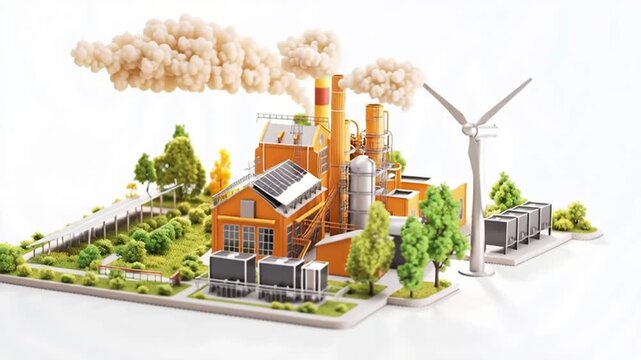 Isometric 3D render of wind turbines solar panels and a battery bank isolated on a white background Depicts alternative renewable power generation and electricity production in the, 3D isometric