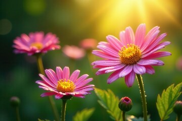 Sunlit asters, dew drops on petals, green leaves, beauty, drops