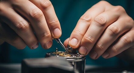 Close up shot of a watchmaker repairing a mechanical watch with precision tools in a workshop