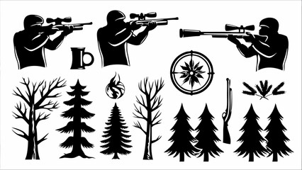 Silhouette illustration featuring hunters with rifles, compass, trees, and a beer mug in black and white editable eps vectors