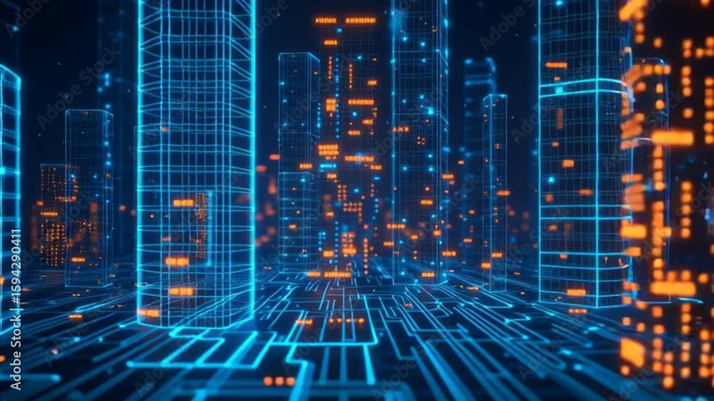 Poster lowpoly 3d wire mesh of a smart city an intelligent building automation system concept with binary c