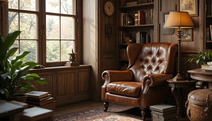 Warm brown leather armchair in a cozy reading nook with books and a lamp