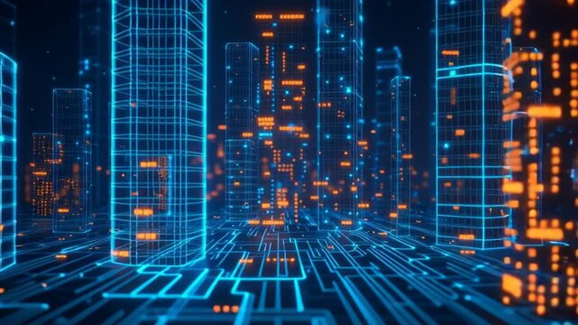 Lowpoly 3D wire mesh of a smart city An intelligent building automation system concept with binary code data flow showcasing technology in urban architecture, Futuristic cityscape with holographic