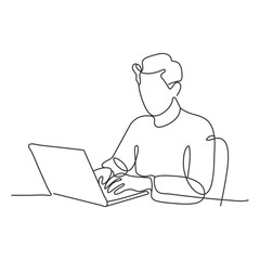 Continuous one line drawing of a man working on a laptop at a table, minimalist single line art vector illustration in black and white