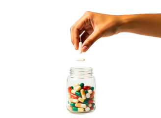 Hand dropping a pill into a bottle of capsules isolated on transparent background