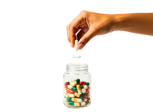 Hand dropping a pill into a bottle of capsules isolated on transparent background