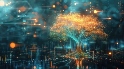Obraz premium illustration of beautiful glowing tree growing on cities representing digital technology in studio. Generative AI 