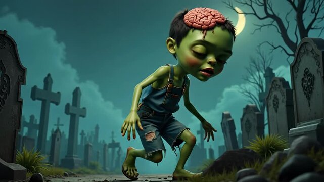 A cartoon zombie boy with green skin and exposed brain stumbles through a misty graveyard under the soft glow of moonlight in detailed 4k footage.