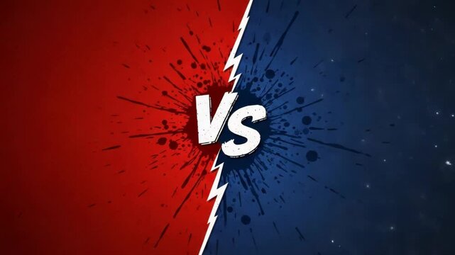 A dynamic abstract background with a bold white vs symbol, set against a vibrant split of red and blue colors with ink splatters