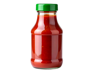  Glossy red hot sauce bottle with green cap isolated on transparent background PNG