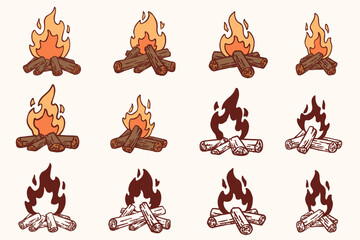 Hand Drawn Campfire Icon Bundle &ndash; Colored and Outline Vector Illustration Set