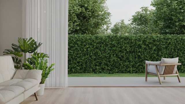 Empty white room with wood-framed glass doors open to garden. Modern house interior 3d rendering.