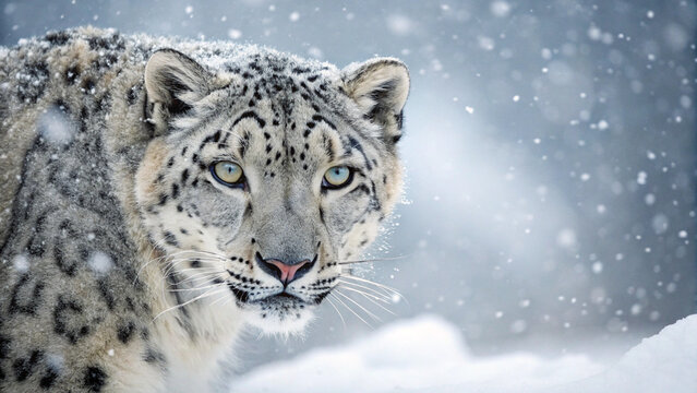 A close up of a snow leopard in the snow with its face visible and snow falling around it softly