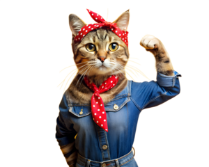 Powerful Cat in Denim Outfit on transparent background