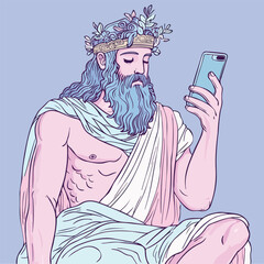 Greek King Holding Smartphone – Ancient Meets Modern T-Shirt Design