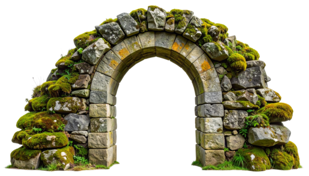 Cut-out woodland stone arch formed from natural rock, featuring weathered boulders and moss-covered textures, isolated against a clean white background
