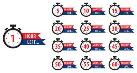 Set of countdown timers displaying intervals from 1 hour to 5 minutes left. Perfect for time management, deadlines, reminders, or event countdown visuals. Vector illustration. Flat style.