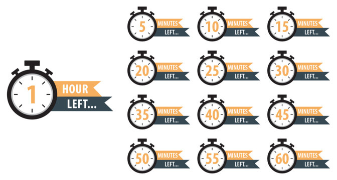 Set of countdown timers displaying intervals from 1 hour to 5 minutes left. Perfect for time management, deadlines, reminders, or event countdown visuals. Vector illustration.