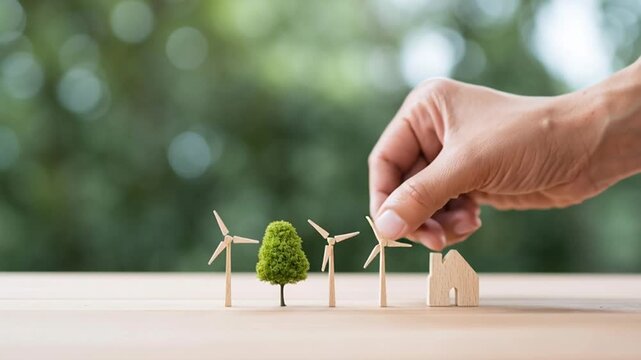Green energy and sustainability concept Person engaged with renewable energy icons representing carbon footprint reduction and Eco friendly solutions for environmental conservation Clean energy