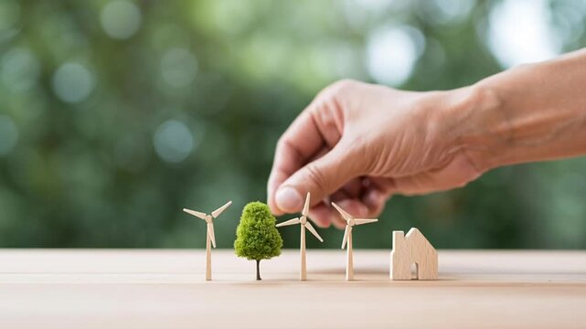 Green energy and sustainability concept Person engaged with renewable energy icons representing carbon footprint reduction and Eco friendly solutions for environmental conservation Clean energy