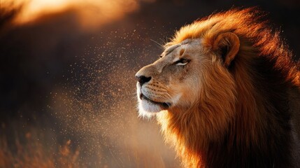 Fototapeta premium Majestic lion portrait in golden light.