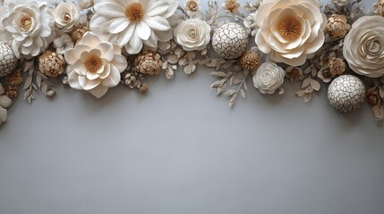 Obraz premium Overhead view of handcrafted paper flowers and foliage with neutral tones, concept for artistic backgrounds, wedding invitations and elegant stationery designs.