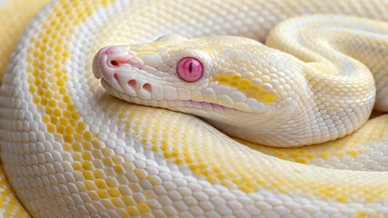Fototapeta premium Close up of a white and yellow snake with pink eyes coiled and resting its head on its body
