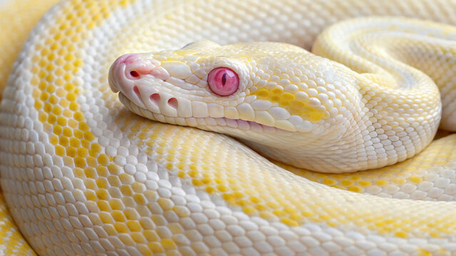 Close up of a white and yellow snake with pink eyes coiled and resting its head on its body