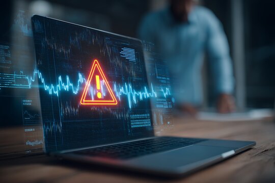 Close-up of a laptop displaying a neon exclamation mark and stock graph over wooden table, concept for risk management, financial analysis and cybersecurity vulnerability alerts for financial
