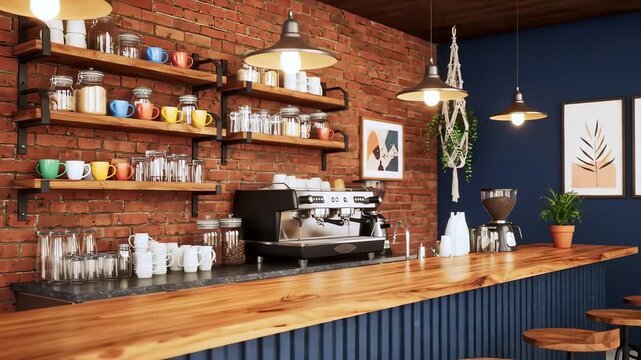Interior of a coffee shop with brick wall, wooden counter, stools, shelves with mugs and jars. Vintage vibes