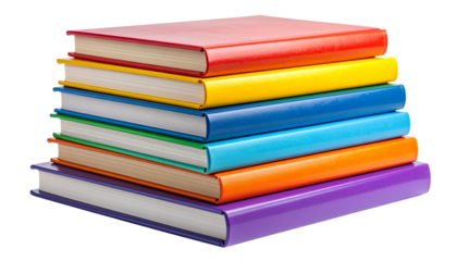 Stacked collection of colorful study books with visible spines and covers, arranged neatly and isolated on a transparent PNG background