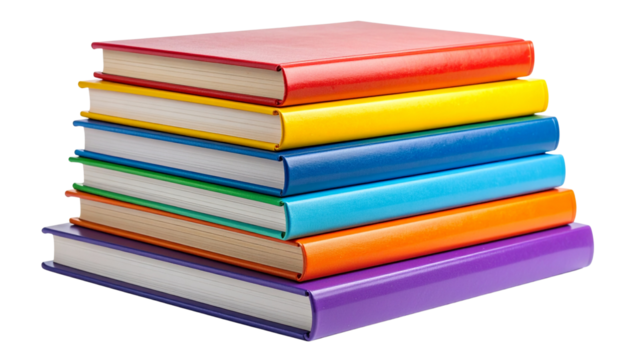 Stacked collection of colorful study books with visible spines and covers, arranged neatly and isolated on a transparent PNG background
