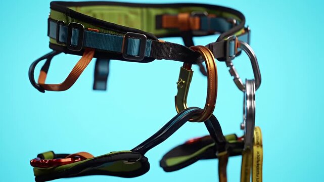 Climbing harness close-up, with carabiners against a bright blue background
