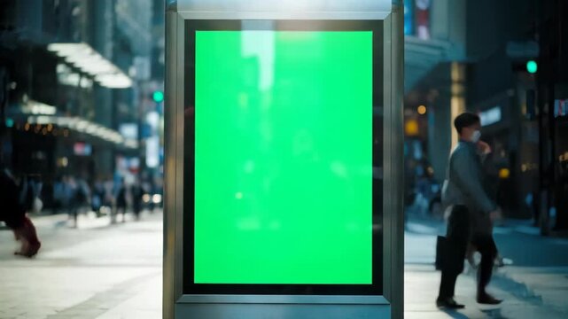 Busy City Street Scene Featuring a Blank Billboard with a Green Screen for Advertising Mockups, with Pedestrians Walking 