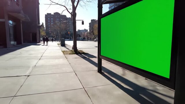 Urban Bus Stop with a Large Green Screen Advertisement Panel, Perfect for Showcasing Your Brand in a Realistic City Environment